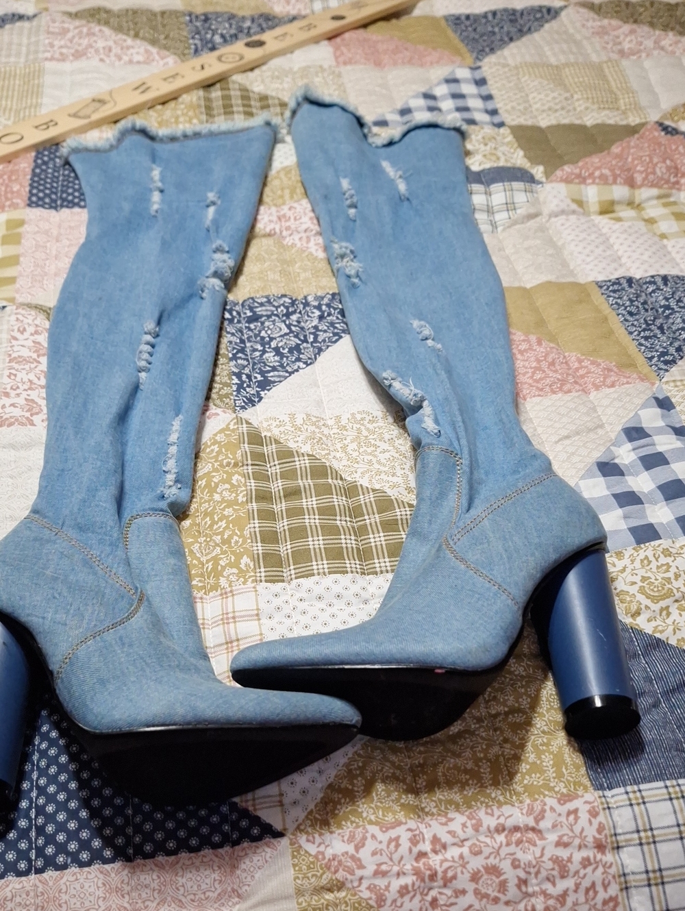 Cape Robbin Denim Over-the-Knee Barrel Rd Heel Boots - Light Blue